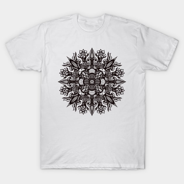 Trippy black and white psychedelic abstract mandala T-Shirt by Boriana Giormova